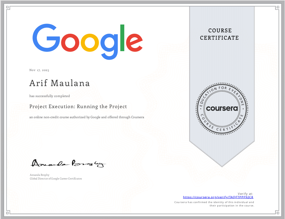 Project Execution: Running the Project certificate